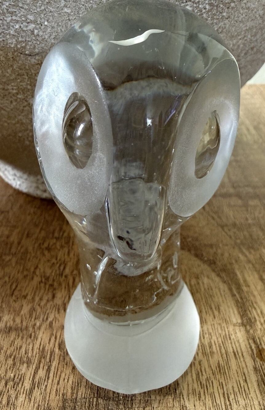 Vintage Reijmyre Heavy Crystal Owl Figurine Frosted And Clear 4.5"H SWEDEN